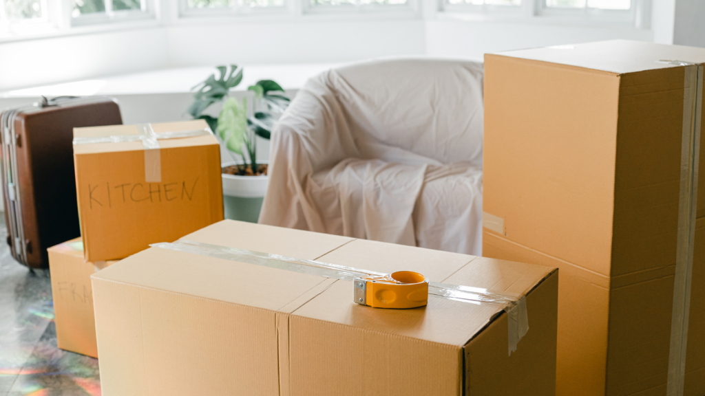 A moving box assortment across a living room.