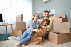 Happy-couple-moving-with-dog